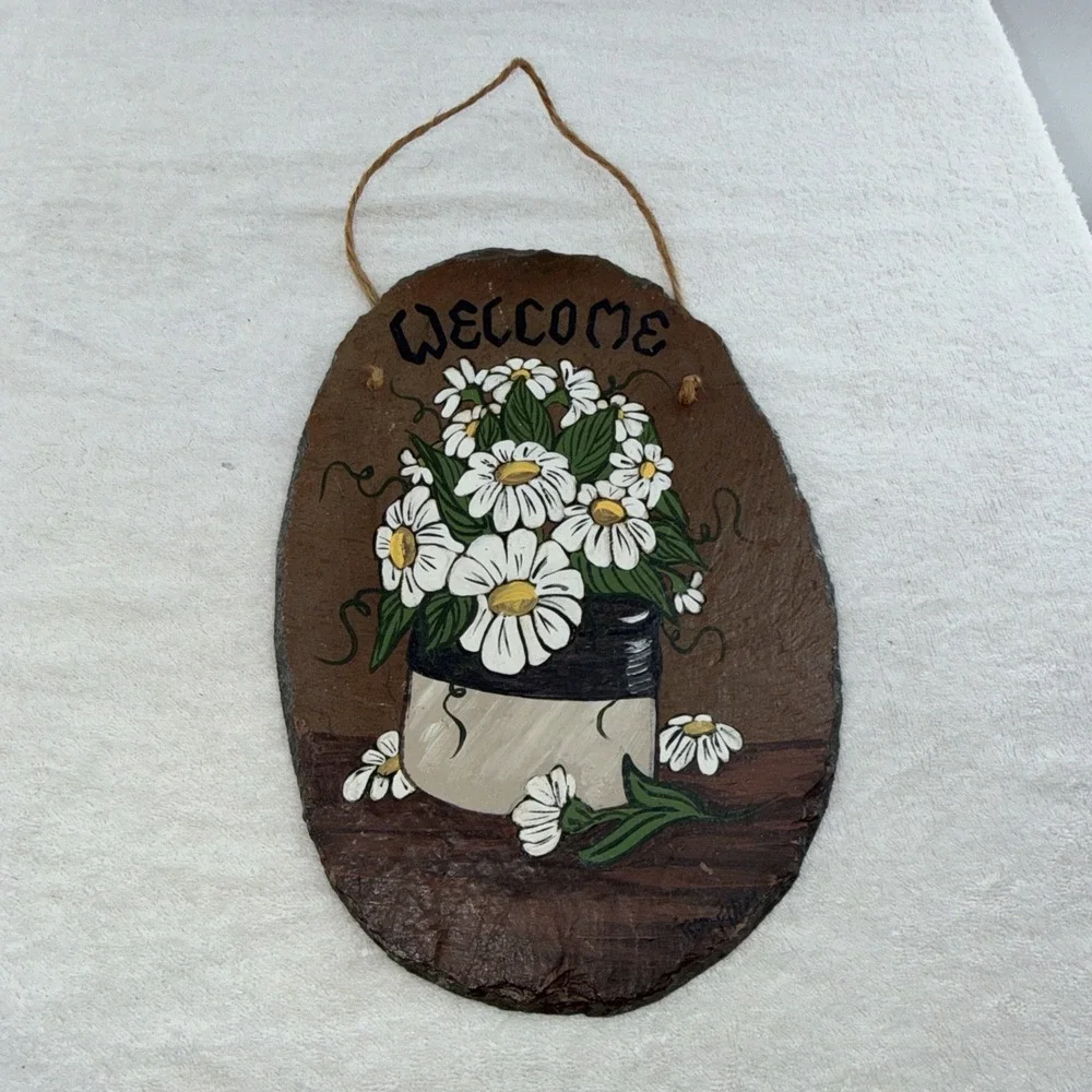 Vintage Stone Slate Welcome Hand Painted Floral Pot Painting 12